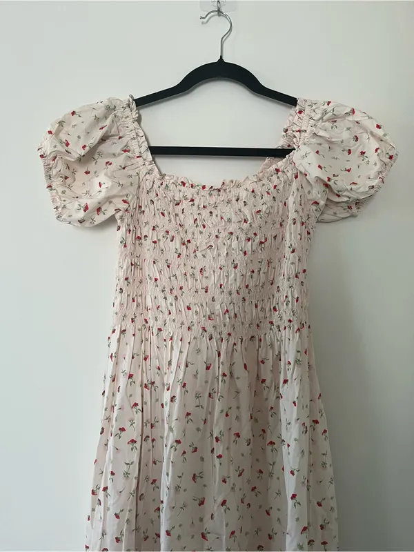Cream Red Ditsy Floral Print Cottagecore Milkmaid Puff Sleeve Midi Dress Medium - Image 2