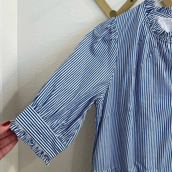 J.Crew Ruffleneck Tiered Popover Dress in Stripe Blue White Small - Image 8