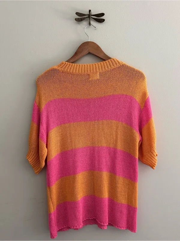 Bibi Orange & Pink Striped Knit Short Sleeve Sweater Medium - Image 5