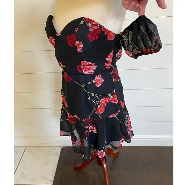 White Fox Black Red Floral Rose Off Shoulder Mini Dress Bustier‎ Large L - Image 5