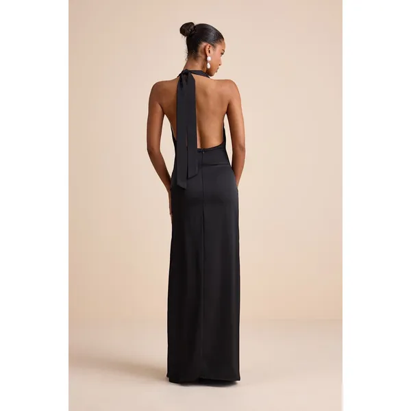 NWT Lulus Carmelo Black Satin Halter Neck Backless Maxi Dress Holiday Party Sz S - Image 3