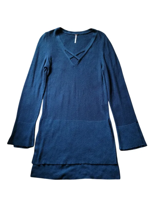 Free People Criss Cross Sweater Tunic Navy Blue Knit Linen Blend Size M Medium - Image 2
