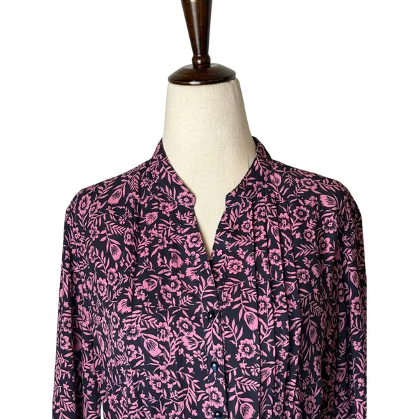 Nanette Lepore Floral Midi Dress Women 8 Navy Blue Pink Long‎ Sleeve Belted Boho - Image 4