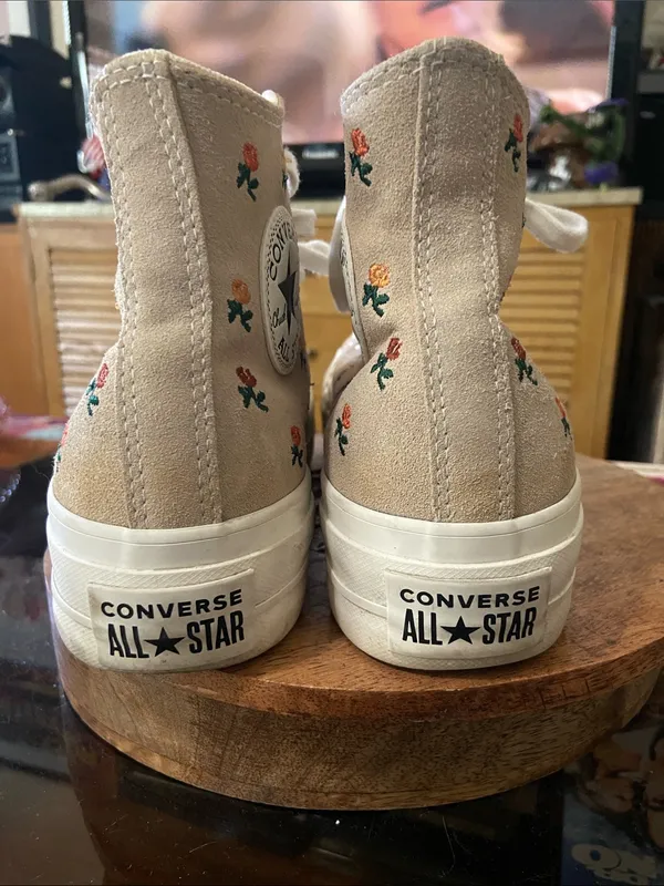 Converse Beige/Pink Floral High-Top Platform Sneakers - Image 4