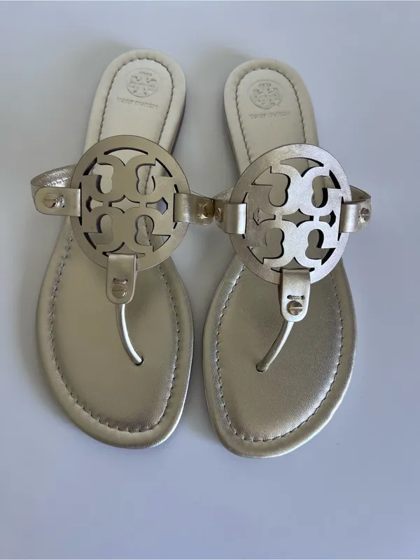 Tory‎ Burch Women's Miller Sandals Metallic Gold Logo Slides Thongs Leather - Image 2