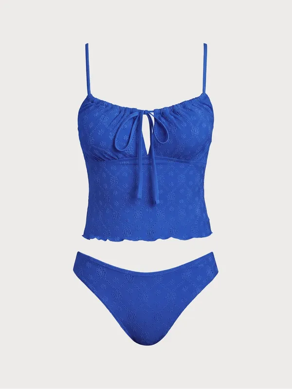 Samiol Blue Wave Cut Eyelets Tie Front Tankini Set Size L - Image 6