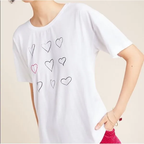 Anthropologie Kera Till Heart Embroidered Short Sleeve Oversized Tee White M - Image 3