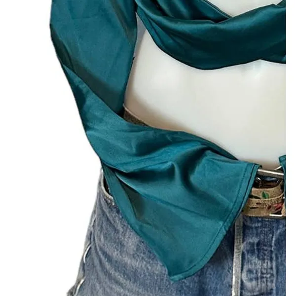 Revolve Teal Satin Crop Top SMALL Going Out Club Pirate Cut Out More to Come NEW - Image 7