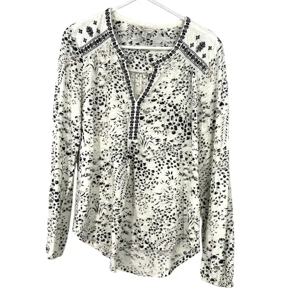 Lucky Brand M Shirt Top black white patterned long-sleeve peasant embroidered - Image 2