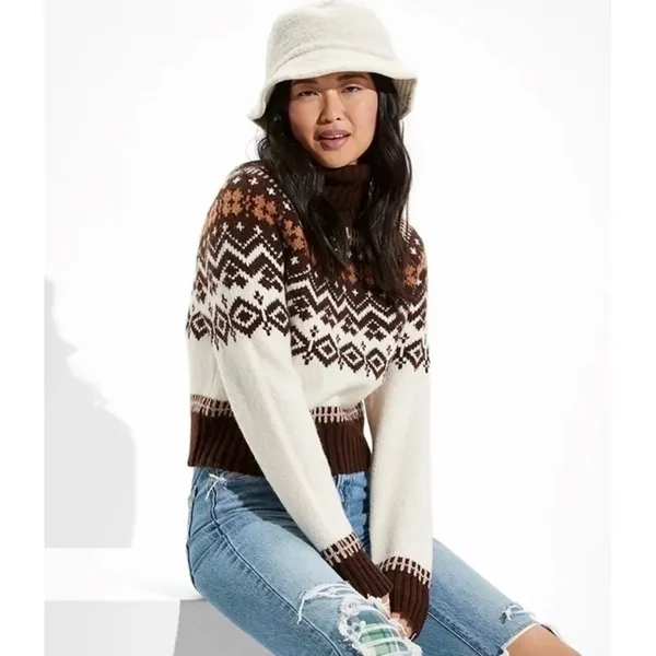 AMERICAN EAGLE‎ Fairisle Snowdrift Turtleneck Sweater Cropped Fair Isle Small - Image 4