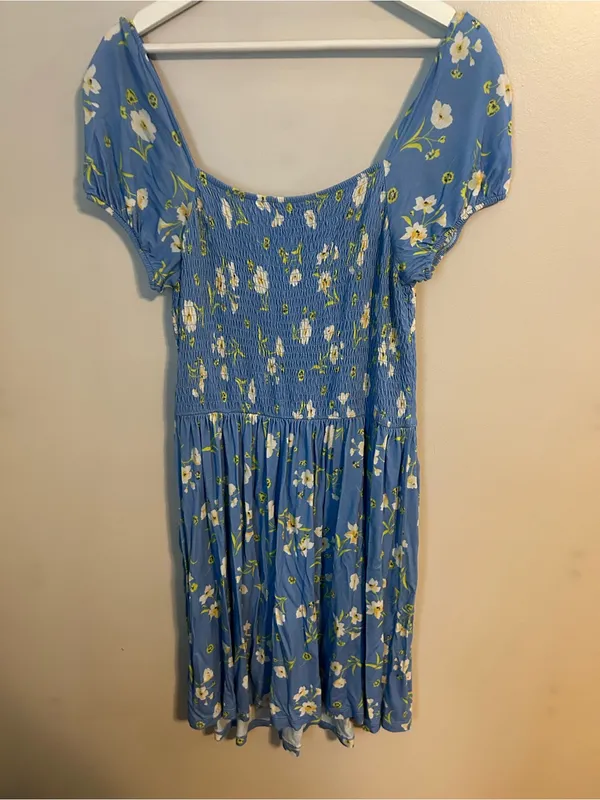 French Connection Blue Floral Smocked Mini Dress Short Sleeve - Image 3