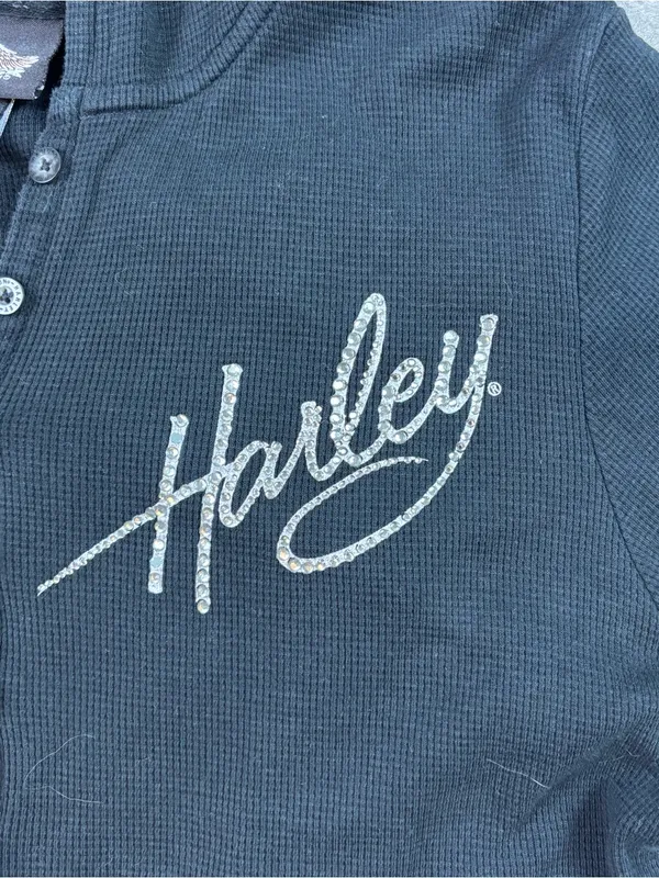 Harley Davidson Womens Thermal Hoodie Black Rhinestone Henley Waffle Knit Large - Image 6