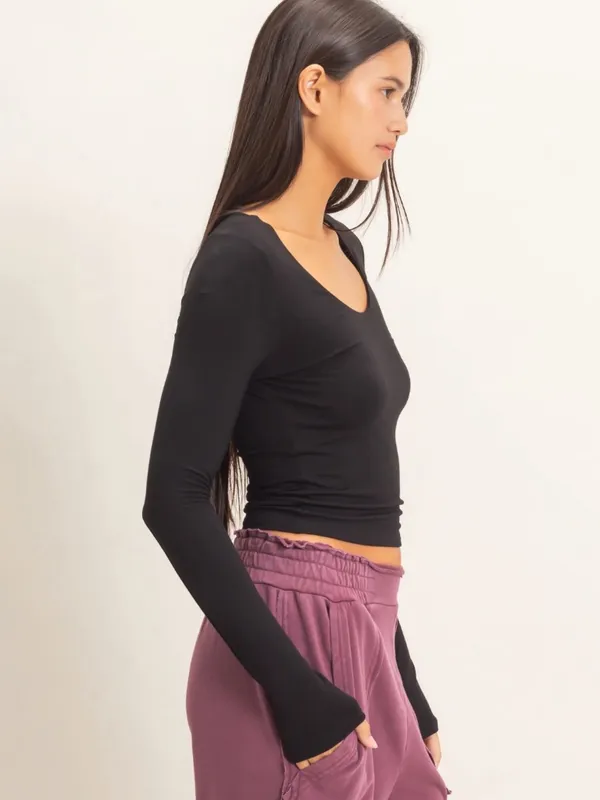 NEW Double Zero Black Scoop Neck Long Sleeve Top – Large - Image 6
