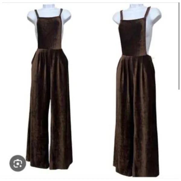 Earthbound Trading Co Brown Velvet Corduroy Wide Leg Overalls Jumpsuit Small NEW - Image 10