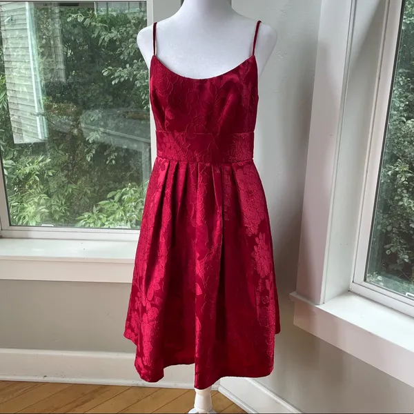 David’s Bridal Crimson Red Floral Jacquard Ballet Scoop Neck Homecoming Dress - Image 8