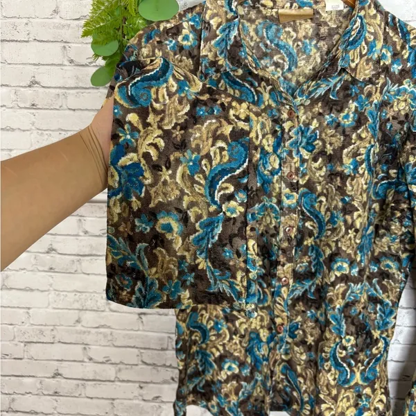 Vintage Wrangler Brown and Teal Paisley Floral Lace Bell Sleeve Blouse - Image 2