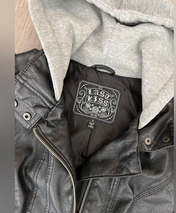Last Kiss Y2K Black Leather Hybrid Gray Hooded Zip Moto Jacket Size Medium - Image 10