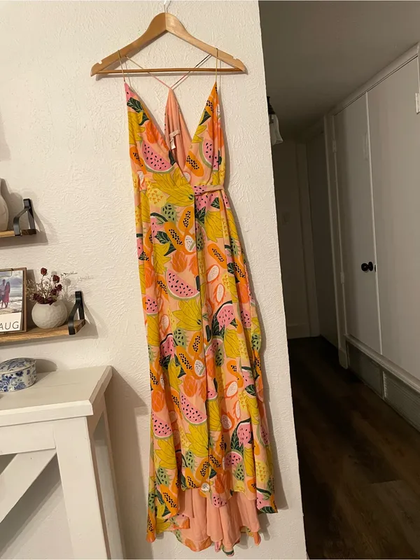Hutch High-Low Wrap Yellow Tropical Print Maxi Dress Small - Image 3