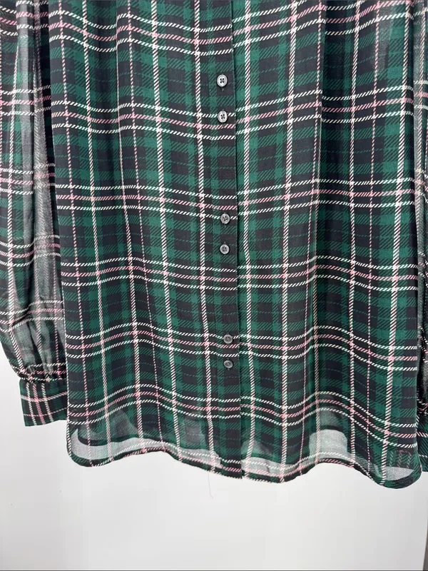 Ann Taylor sheer button front plaid puff sleeve top L professional office casual - Image 8