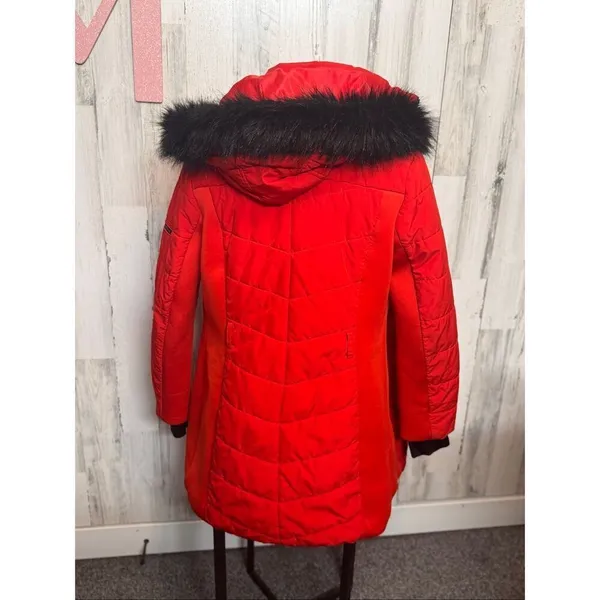 Michael Kors Women Red Puffer Coat Faux Fur Hood Winter Jacket Size - Image 9