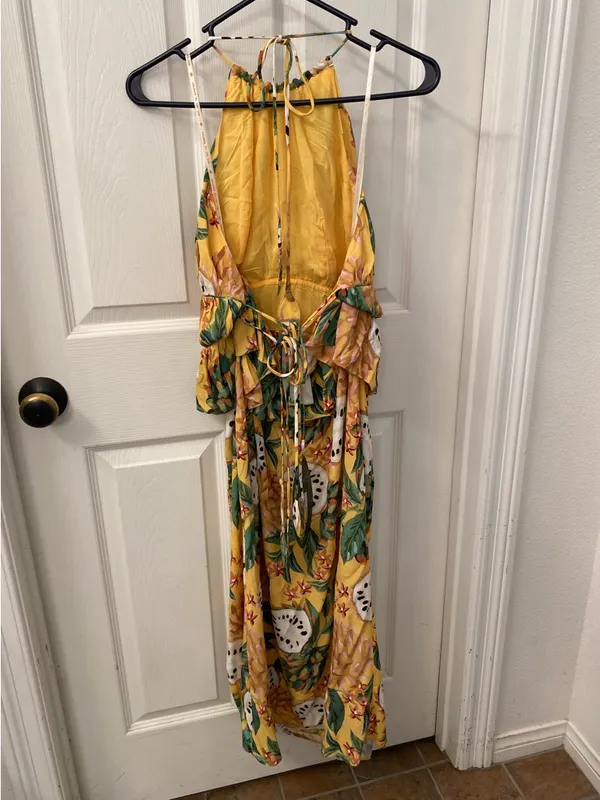 FARM Rio BiRiBA Yellow Tropical Halter Midi Dress with Side Slit and Peplum - Image 5