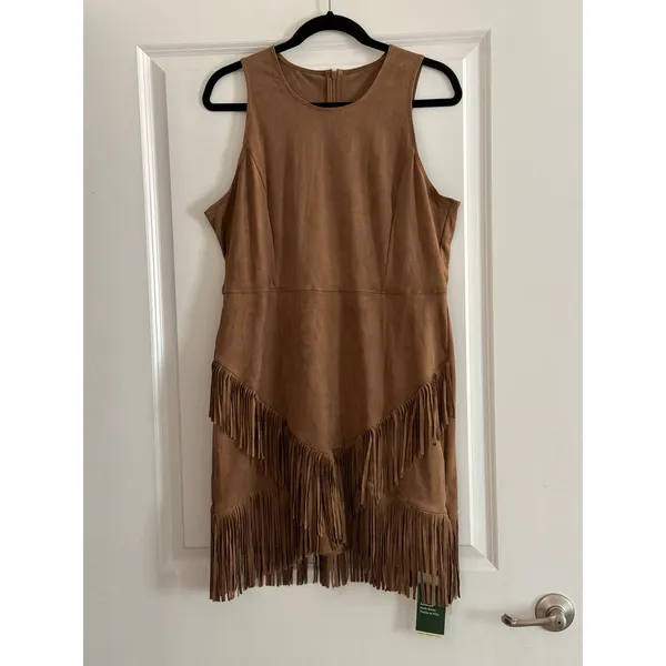 Halara Brown Faux Suede Bodycon Fringe Mini Dress Western Boho XL NWT - Image 6