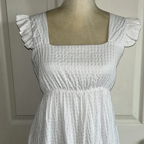 Gianni Bini GB White Square Neck‎ Old Money Seersucker Preppy Dress Sz S Feminine - Image 4