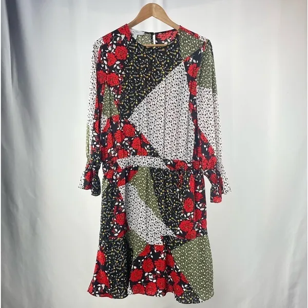 Libby Edelman Patchwork Long Sleeve Dress in Multi‎ Size Large Red - Image 4