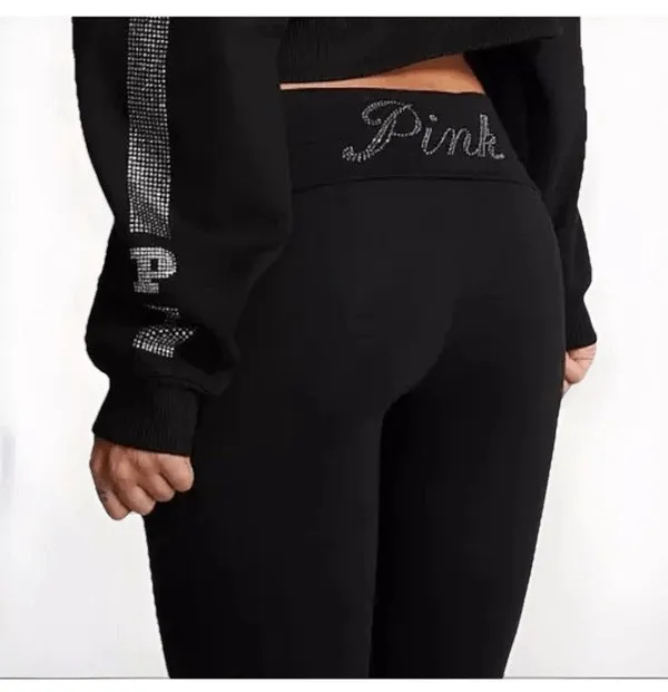 PINK Victorias Secret Rhinestone Bling Black Leggings Flare Leg Foldover Script - Image 7