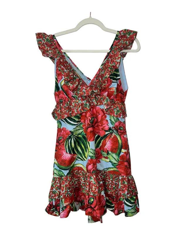 FARM Rio Watermelon Flowers Mini Dress Red Multi Cotton Ruffle Size S - Image 3
