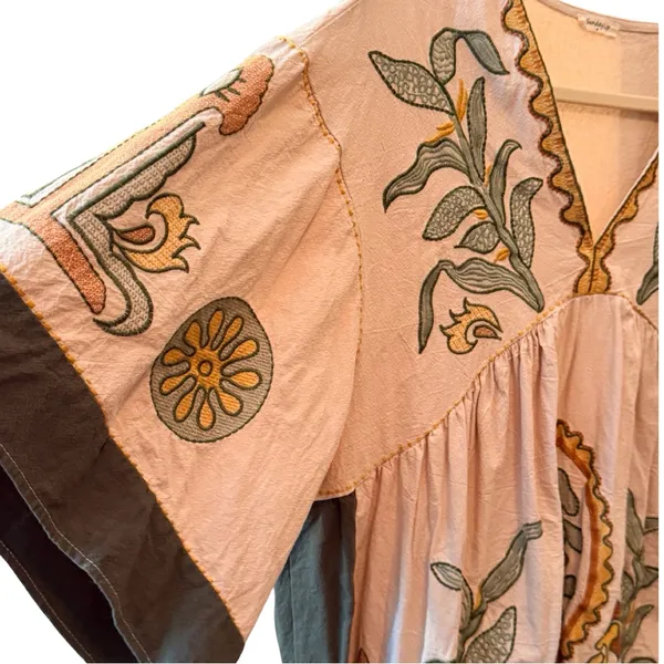 Dreamy Boho Embroidered Babydoll Dress | Cream + Sage | Size M - Image 14