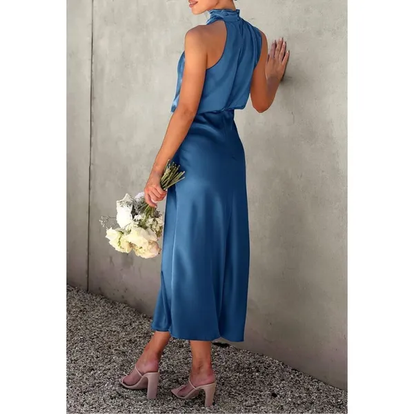 NEW Satin Elegant Sleeveless Mock Neck Cocktail Maxi Dress XS - Image 2