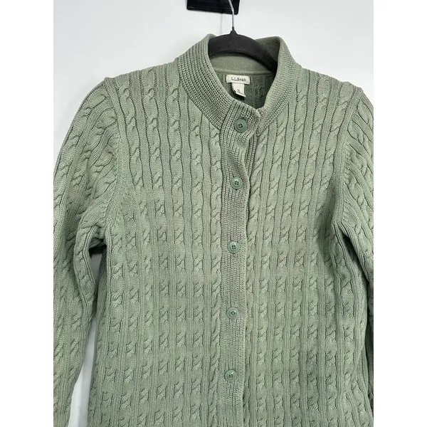 L.L. BEAN Cable Knit Button Cardigan Size Medium Green Fisherman‎ Chunky Preppy - Image 2