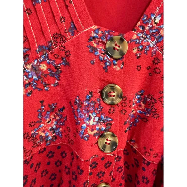 Free People Red Floral Mini Dress Long Sleeve Button Down V-Neck Boho Small - Image 5