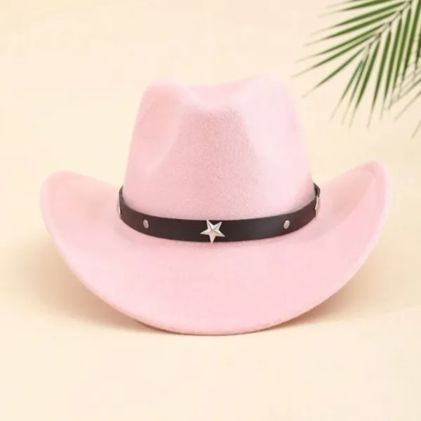 Light‎ Pink Western Cowboy Cowgirl Hat Felt Wide Brim Star Band Unisex Rodeo - Image 2