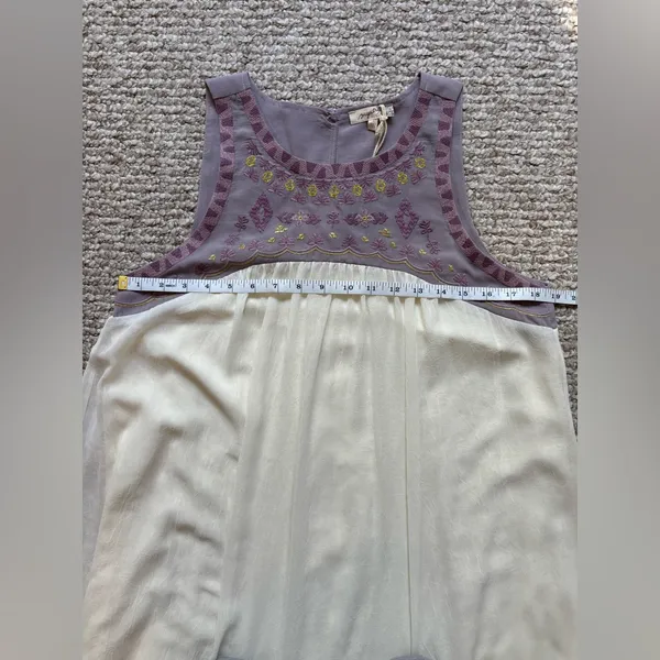 Mystree Embroidered‎ Yoke Dress Crinkle Chiffon Cream Gold Lavender NWT Large - Image 7