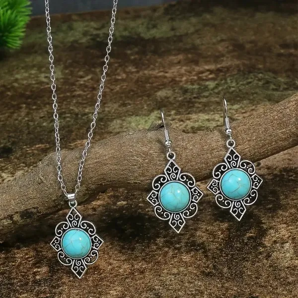 BJ Glamorous Vintage Style Floral Turquoise Gems Retro Necklace/Earring Set - Image 3