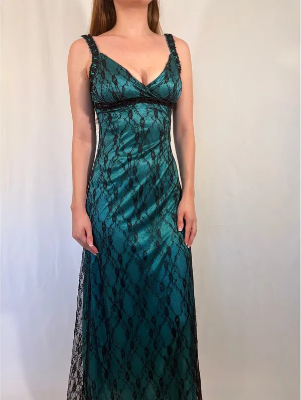 Turquoise Lace Overlay Gothic Maxi V Neck Dress Blue - Image 8