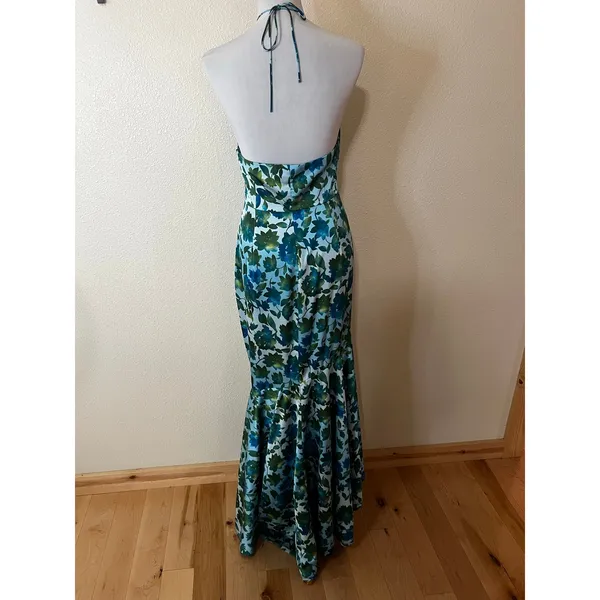 AMUR Blue Green White Edie High Low Tie Neck Floral Gown WOMENS 8 - Image 6