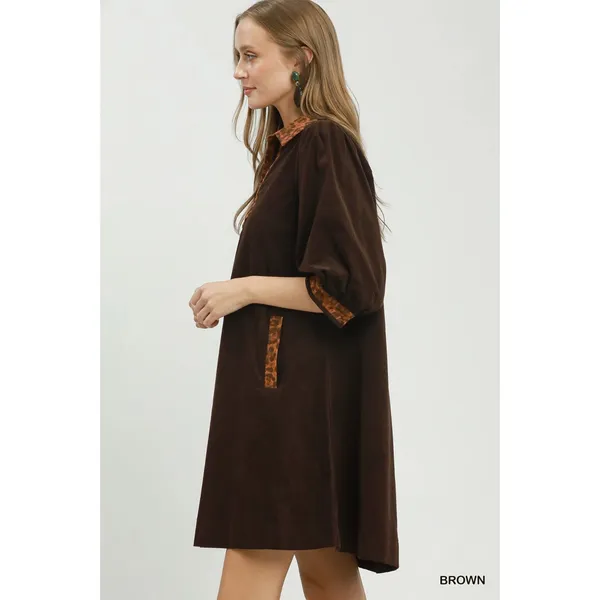 Umgee V-Neck Shift Dress with Contrast Trim - Brown - Medium - Image 2