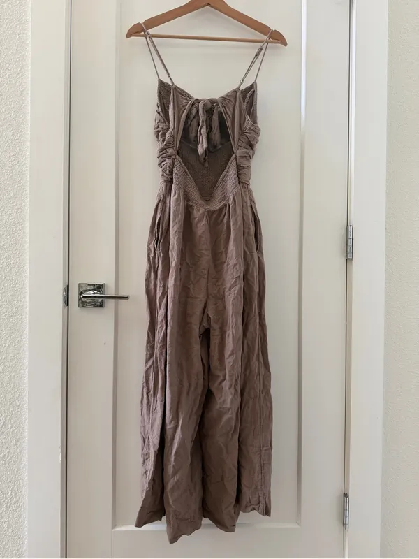 Free People Endless Summer Day Glow One Piece Smocked cutouts Jumpsuit Taupe M - Image 4