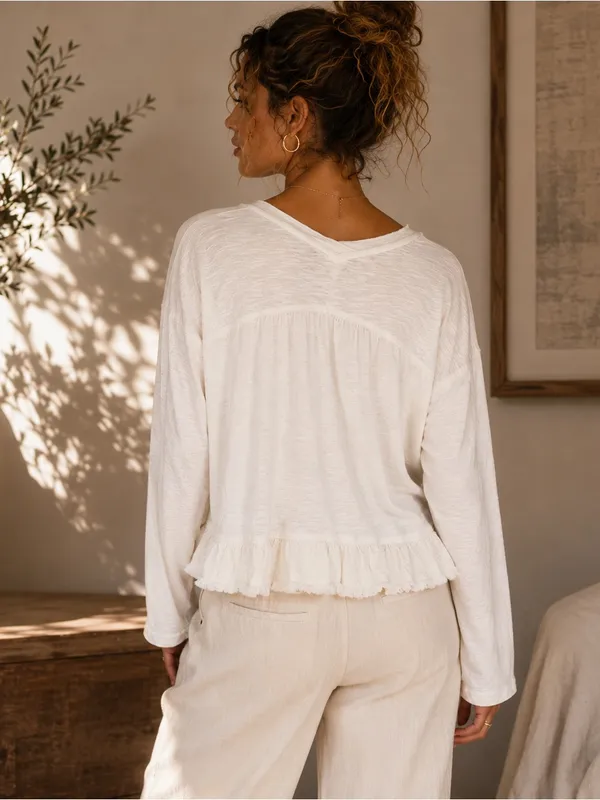 Anthropologie Pilcro Cream Coastal Boho Cotton Ruffle Hem Organic Modern V-Neck Small Shirt - Image 10