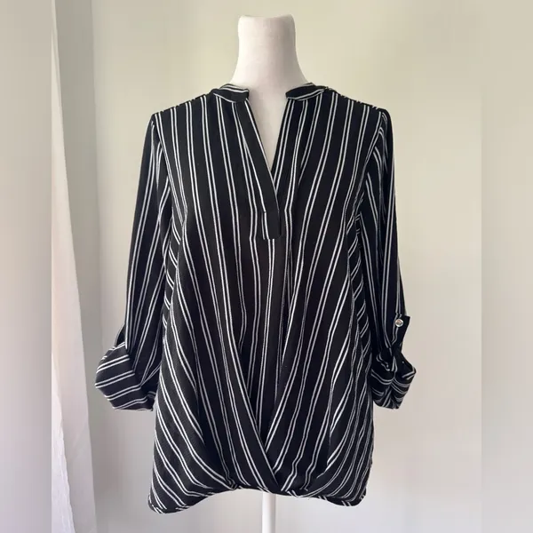 Lynn Ryan Black & White Striped Roll Tab Blouse - Image 2