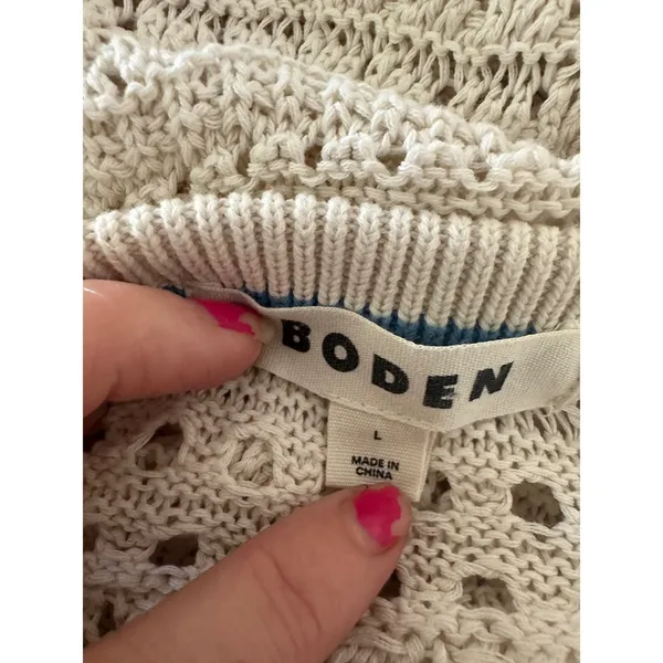 Boden Crochet Sweater Crop Womens L Ivory Fringe Festival Boho Coastal Western - Image 8