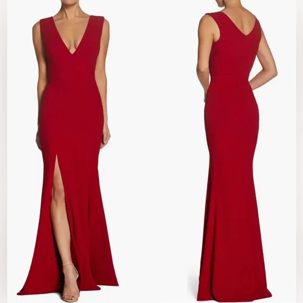 NWOT Dress the population Sandra Plunge Crepe Trumpet Gown Red garnet Sz M - Image 2