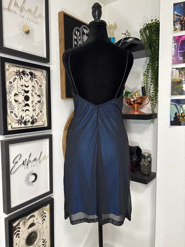 Vintage 90s The Original USA Blue Ombre Mesh Overlay Embroidered Rose Dress L - Image 2