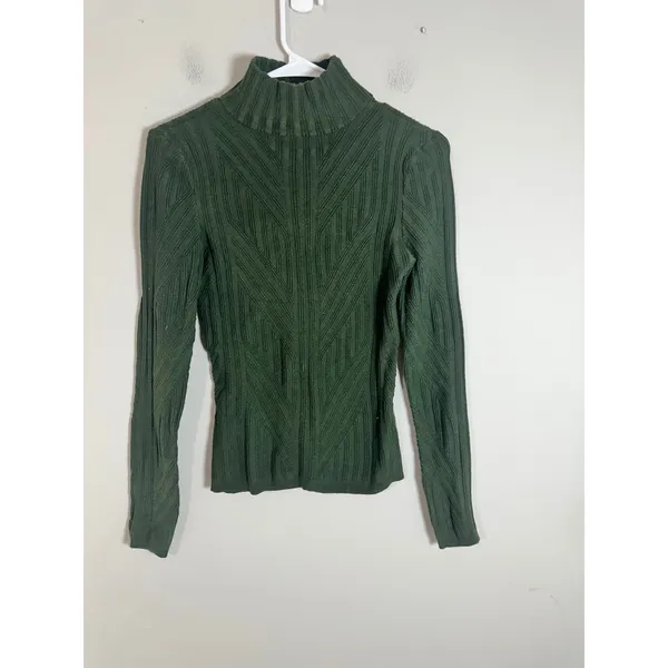 Ecru Womens Forest Green Mock‎ Neck Chevron Ribbed Long Sleeve Sweater Small - Image 2