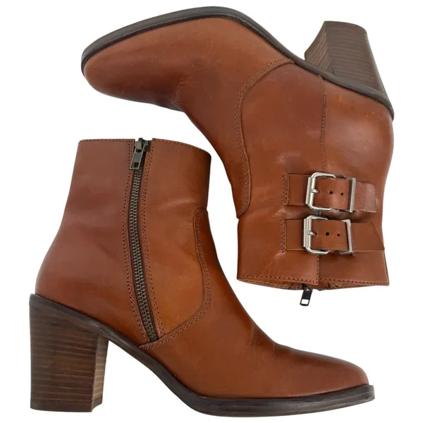 J. Crew Women's Leather Ankle Boots‎ Brown Buckle Block Heel Side Zip Size 7.5 - Image 7