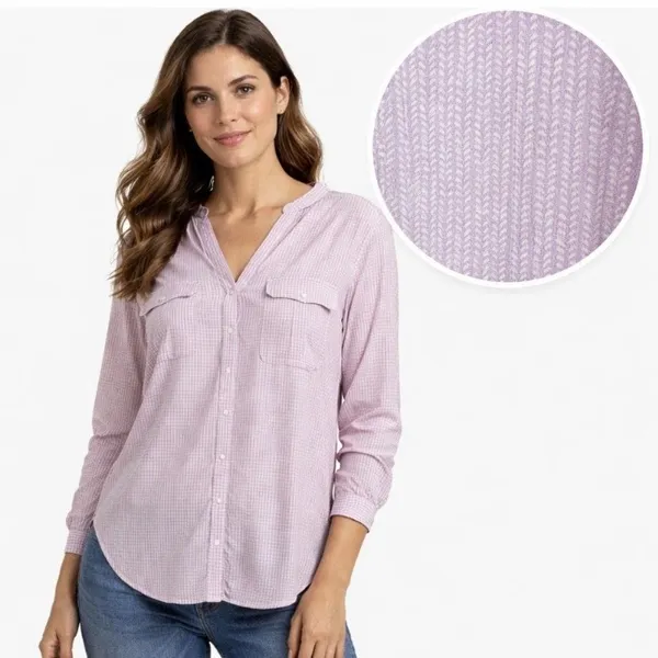 LL Bean Lavender Herringbone Organic Cotton Button Up Hi Low Shirt‎ Size XL - Image 2