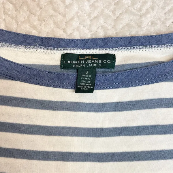 Ralph Lauren Lauren‎ Jeans Co Blue cream striped Knit Top Zip accent Sleeve Shirt women SZ S - Image 10